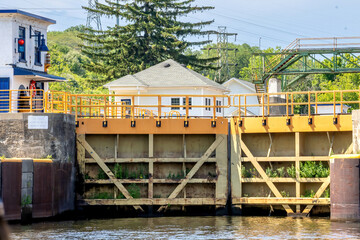 Rotterdam, NY – USA – Aug 5, 2022 Closeup Horizontal View of Lock E8 of the Erie Canal and the New York State Barge Canal system, Lock E8, located at the end of Rice Road, Rotterdam.