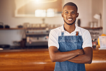 Cafe manager, coffee shop startup and waiter working in hospitality service food industry. Portrait of a happy, smile and proud small business entrepreneur with motivation for success in restaurant