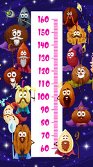Kids height chart ruler with magician, wizard and sorcerer nuts. Vector coconut, sunflower or pumpkin seeds, almond, macadamia, cashew, pistachio and pecan, hazelnut, walnut, kidney and coffee beans