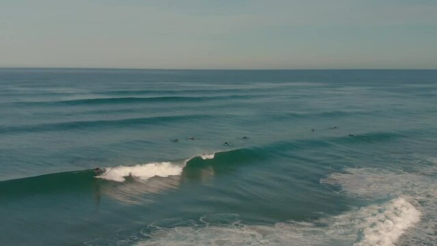 Aerial Shot Of People Surfing In Sea During Sunset, Drone Flying Backward Over Ocean. great sunrise. Slow motion.