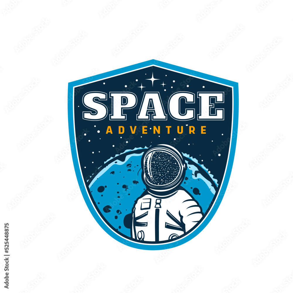 Poster astronaut in space. space adventure vintage emblem, cosmos exploration vector icon with astronaut in