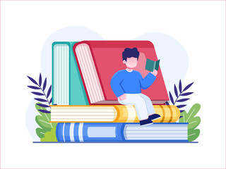 People Sitting On Stack Big Book And Reading a Book Vector Illustration.
Happy people relaxing with book cartoon vector illustration.
Happy International Literacy Day on 8 September.