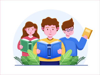Group of People Reading Book Together, Vector Cartoon Illustration.
Happy Children Together Read a Book.
International Literacy day celebration 8 September