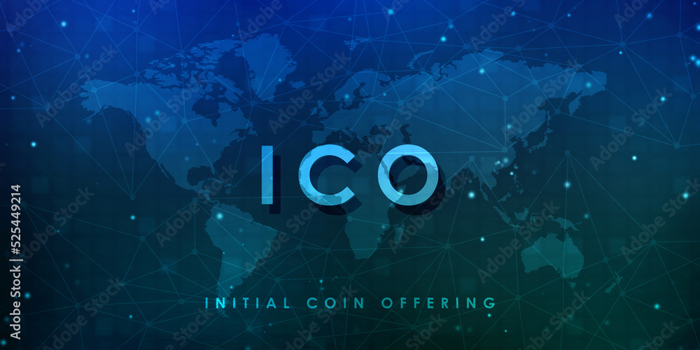 Poster ico initial coin offering futuristic hud background with world map and blockchain peer to peer netwo