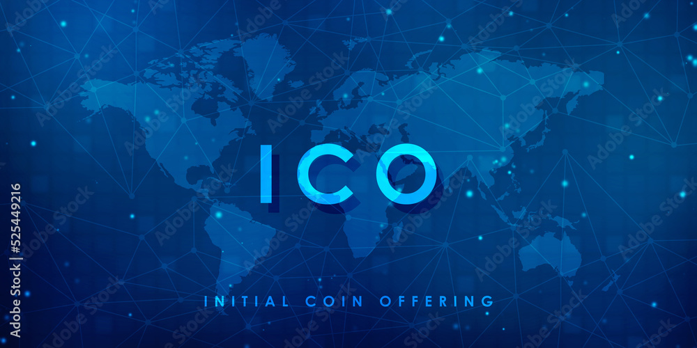 Poster ico initial coin offering futuristic hud background with world map and blockchain peer to peer netwo