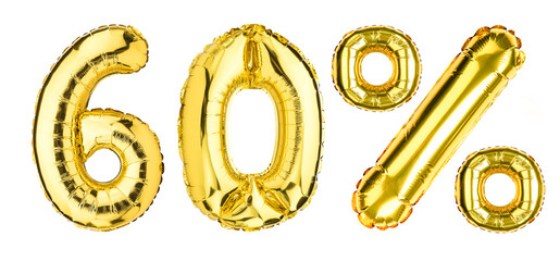 60 Sixty Percent % balloons. Sale, Clearance, discount. Yellow Gold foil helium balloon. Word good for store, shop, shopping mall. English Alphabet Letters. Isolated white background.
