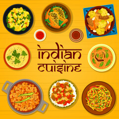 Indian cuisine menu cover design template. Chickpea, red lentil Dal and potato spinach Aloo Palak curry, corn chowder, cabbage salad Sambharo and chicken with vegetables, eggplant curry Baingan Bharta