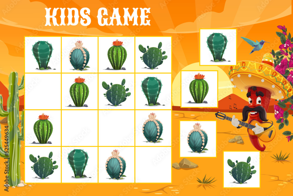 Aufkleber Sudoku game worksheet. Mexican mariachi pepper and cactuses in desert. Children puzzle game, vector logical riddle or kids educational sudoku rebus with cacti, chili musician character with guitar