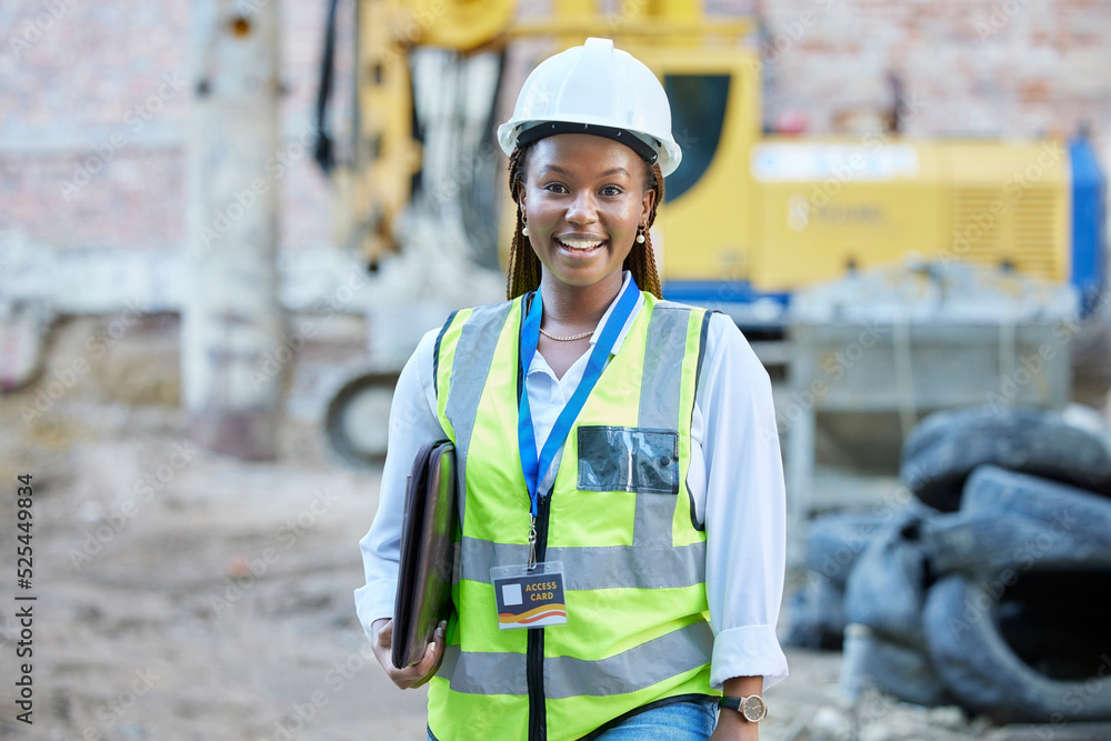 Canvas Prints Happy engineer, construction worker or architect woman feeling proud and satisfied with career opportunity. Portrait of black building management employee or manager working on a project site