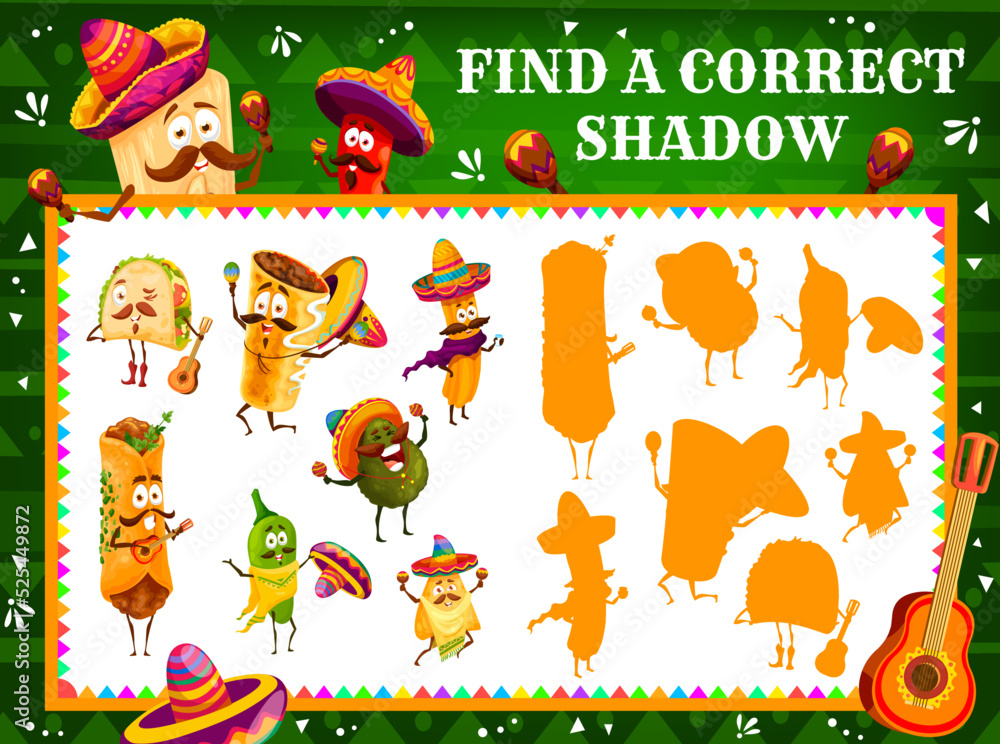 Poster find correct shadow of cartoon mexican tacos, avocado and enchiladas , burrito and nachos, churros a