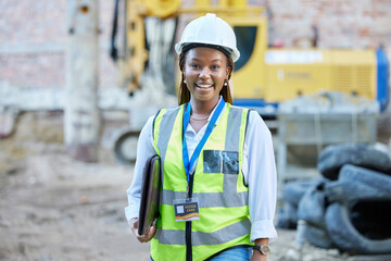 Happy engineer, construction worker or architect woman feeling proud and satisfied with career...