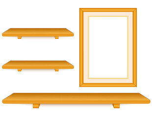 Wall Group, Oak Wood Shelves, Picture Frame. Collection of three empty shelves and portrait frame with mat, isolated on white, copy space to add your favorite books, art, image and treasures