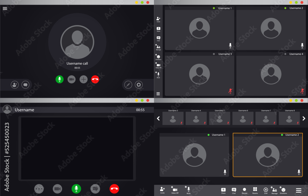 Poster Videocall interface, video call screen or conference chat UI template, vector overlay. Videocall display on computer of phone video chat app with zoom, microphone and camera icons of online video call