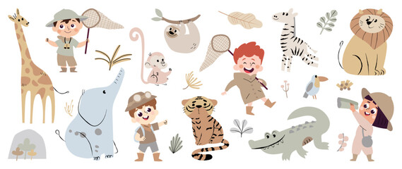 Set of safari animal vector. Friendly wild life with zebra, tiger, giraffe, elephant, lion, monkey, boy and girl in safari suit. Adorable animal and many characters hand drawn on white background.