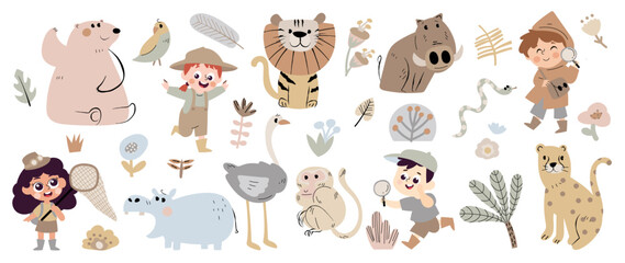 Set of safari animal vector. Friendly wild life with hippo, leopard, bear, hippo, monkey, parrot, boys and girls in safari suit. Adorable animal and many characters hand drawn on white background. - obrazy, fototapety, plakaty