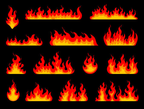 Cartoon fire flames. Bonfire fire. Hell and devil flame, campfire or fireplace fire, wildfire blaze hot red and orange flames frame borders or isolated vector fire dividers set
