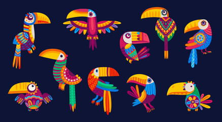 Fototapeta premium Cartoon mexican and brazilian toucans, funny bird characters, isolated vector. Mexico or Brazil tropical toucan birds with folk ethnic ornament or Latin alebrije art colorful pattern