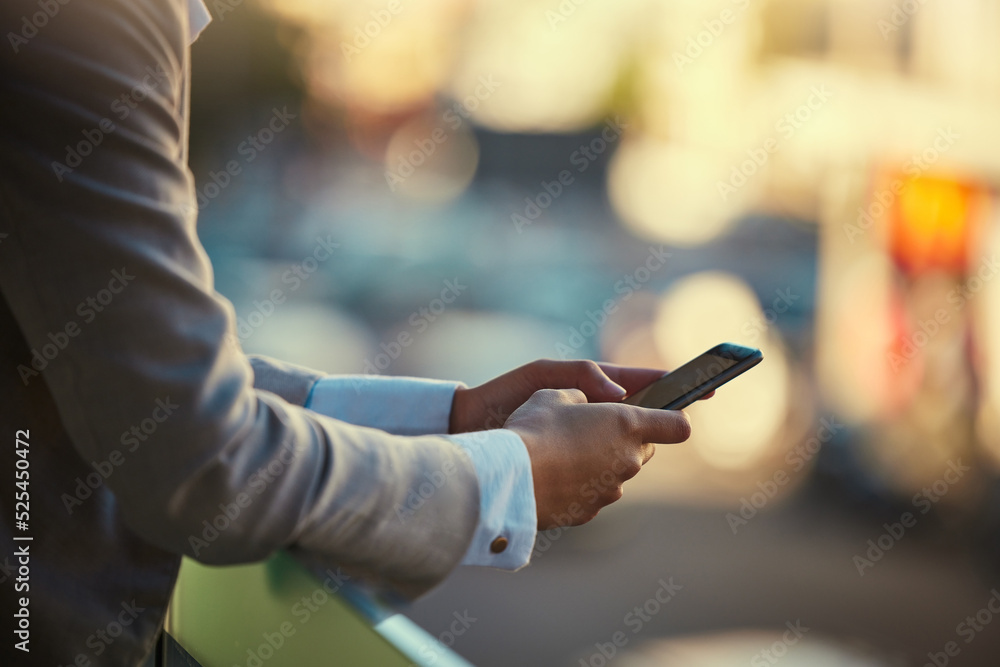 Poster businessman hands typing on phone outdoors in communication, reading and texting online in urban cit