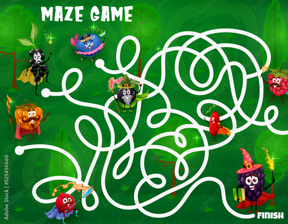Poster labyrinth maze. cartoon funny wizard and magician berries characters on child riddle, quiz vector wo
