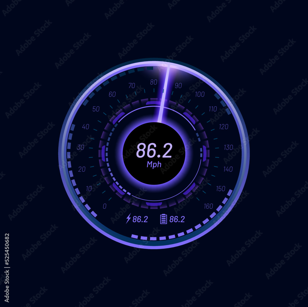 Poster Futuristic car speedometer gauge dial, neon tachometer indicator. Motorbike or automobile odometer digital vector counter or vehicle dashboard neon screen with gauge, glowing arrow and battery charge