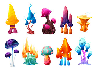 Magic fairy cartoon mushrooms set. Vector fantasy toadstools, hallucinogenic fungi, isolated alien unusual plants with curve stipes and odd colorful caps. Natural poisonous fairytale game asset