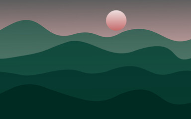 Illustration of mountain in the evening with setting sun background.