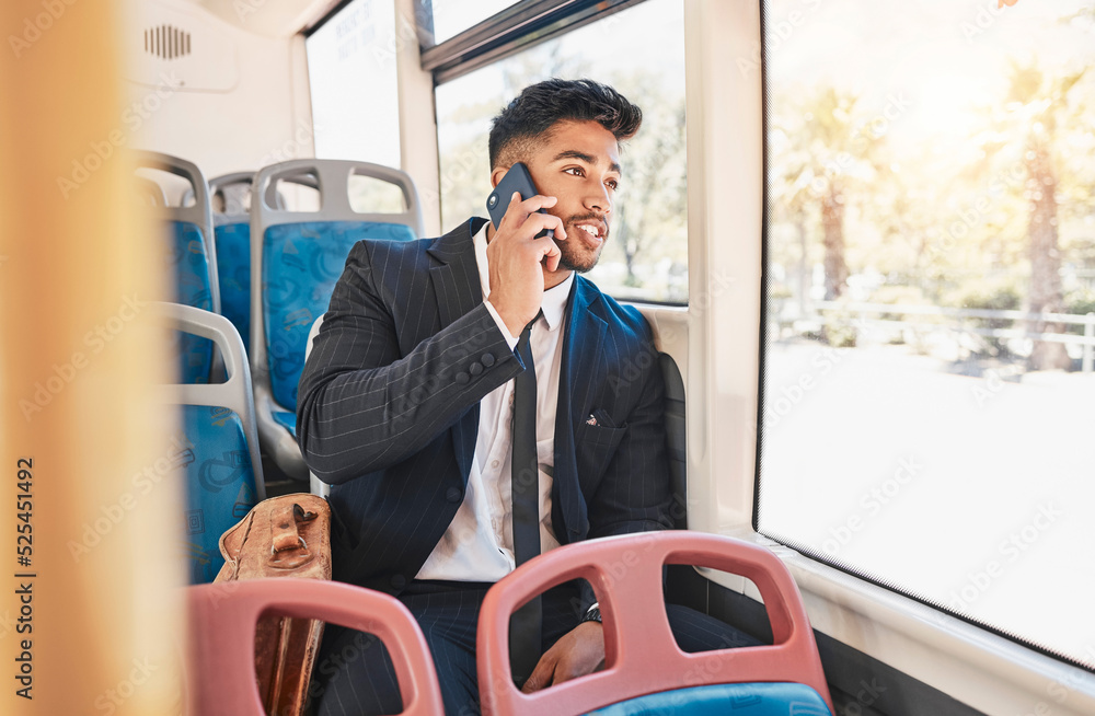 Poster Phone, travel or communication with a business man talking and networking on a bus, public transport and commuting in a city. 5g mobile technology with a young worker having a conversation on a call