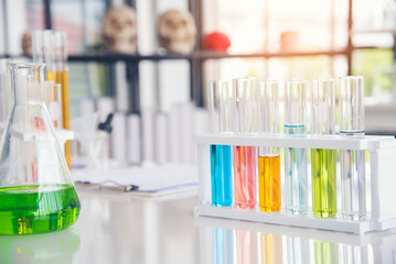 Science chemistry glass tubes objects on lab background. Liquid tube biology laboratory chemical fluid scientist object testing tubes medical glassware. Chemistry scientific pharmaceutical background