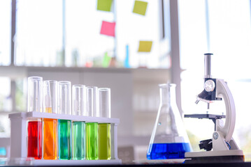 Science chemistry glass tubes objects on lab background. Liquid tube biology laboratory chemical fluid scientist object testing tubes medical glassware. Chemistry scientific pharmaceutical background