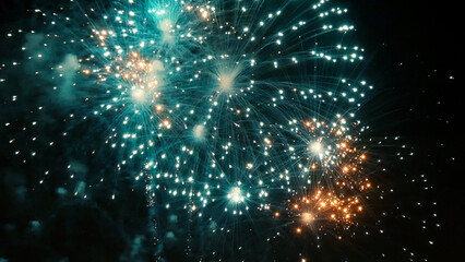 Green Firework celebrate anniversary happy new year 2023, 4th of july holiday festival. Green firework in night time celebrate national holiday. Countdown to new year 2023 festival party time event