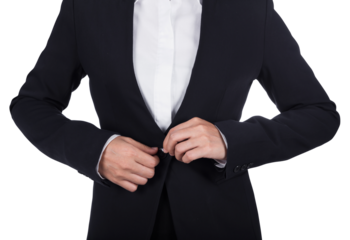 business woman buttoning her suit