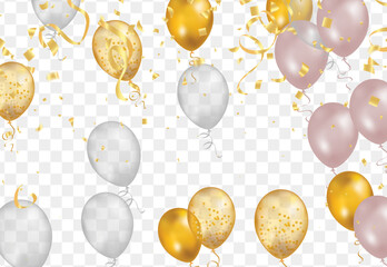 balloons with gold isolated on translucent background with reflection. 3D illustration of celebration, party balloons