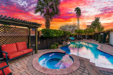 swimming pool at sunset