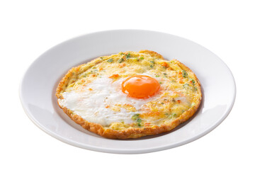 Omelet with Sunny side Up Fried Egg on plate isolated on white