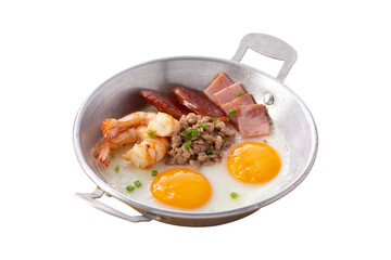 Indochina pan-fried egg with toppings isolated on white