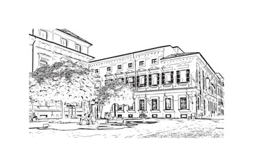 Building view with landmark Novara is the 
city in Italy. Hand drawn sketch illustration in vector.