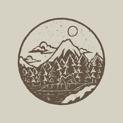 Distressed stamp illustration of men coming out from the hole