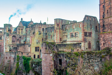 View of the Heidelberg Castle colorful architecture in Germany on a cold winter day