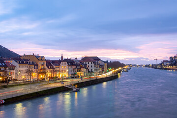 Fototapeta na wymiar Pink and purple Heidelberg Germany city view and sunset along the Rhine River 