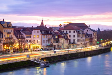 Pink and purple Heidelberg Germany city view and sunset along the Rhine River	