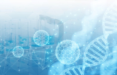 concept of Human Dna Genetic research Biology and pharmaceutical technology on laboratory blue background. 3d illustration          