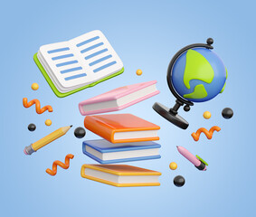 Concept of back to school, learning and onlline education banners. Books stack flying with writing accessories, globe and notebook. 3d high quality render