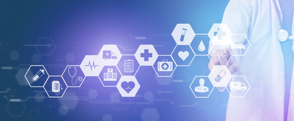 Doctor touch virtual screen icon medicine health care emergency digital technology internet on...