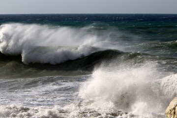Storm on the Mediterranean Sea in northern Israel.