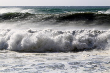 Storm on the Mediterranean Sea in northern Israel.