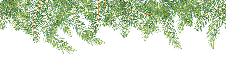 Sprigs of coniferous Christmas trees watercolor seamless border. Hand drawn christmas illustration. Minimalistic scandinavian banner design for the new year. For postcards and invitations. Eco realist