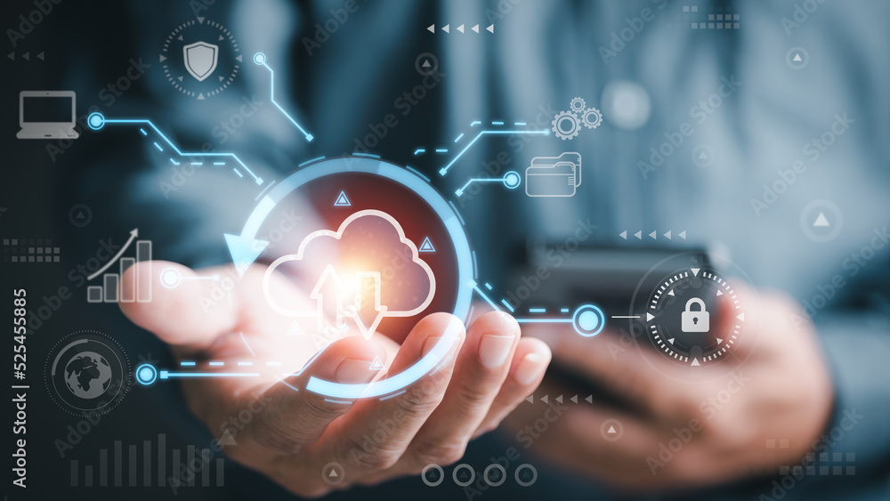 Wall mural a young businessman uses cloud networking technology to communicate and connect data servers around 