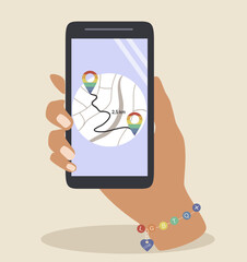 vector illustration in a flat style on the theme of lgbt friendly locations. a hand holds a smartphone, on the screen of which the route and locations