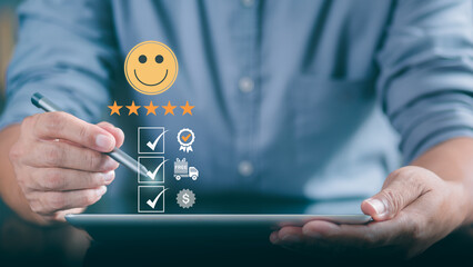 Male consumers use tablets to assess their satisfaction and provide ratings and reviews online....