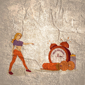 Sport young woman wearing casual workout clothes. Training and home exercising and fitness equipment. Dumbbell, yoga mat and bottle. Girl pointing at the alarm clock with time to lose weight text